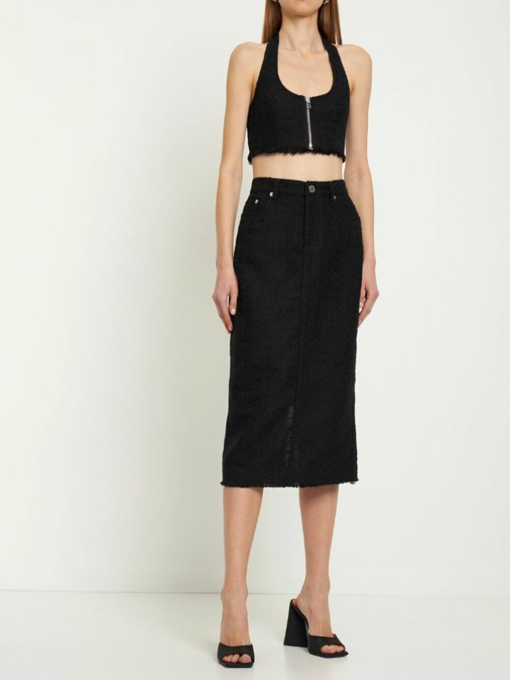 $375 Staud Black Tweed Midi Raw Hem Guinevere Stretch Skirt size 6